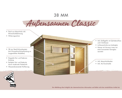 Außensauna Classic mit Massivholzdach, Mineralwolldämmung, Witterungsschutz, Steckschraubsystem und Doppelte Nut- und Federverbindung
