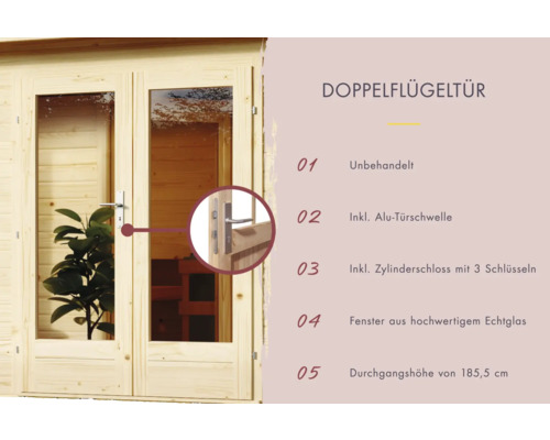 Doppelflügeltür aus unbehandeltem Holz mit Echtglasfenstern und Aluminium Türschwelle