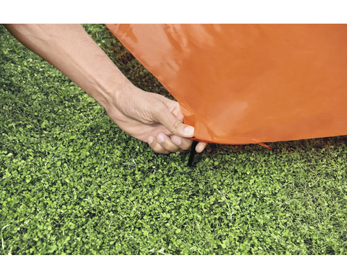 Aufbau eines orangefarbenen Zeltes mit einem Hering im Gras