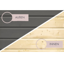 Saunahaus Karibu Sainburga 5 Set A inkl. 9 kW Bio Ofen u.ext. Steuerung mit Vorraum, Fenster und Holztüre mit Klarglas terragrau/weiß