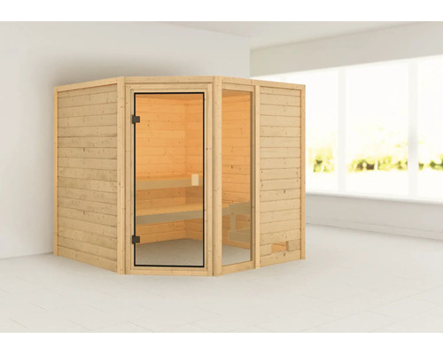 Holzsauna mit Glastür und Bänken