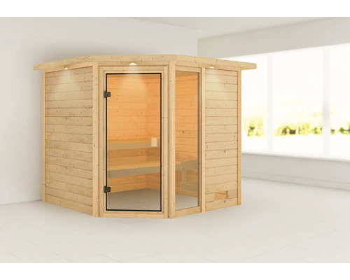 Holzsauna mit Glastür und Eckdesign