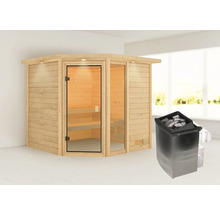 Ecksauna aus Holz mit Glastür und Saunaofen