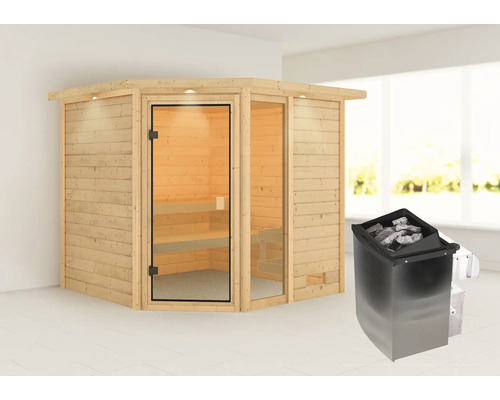 Ecksauna aus Holz mit Glastür und Saunaofen