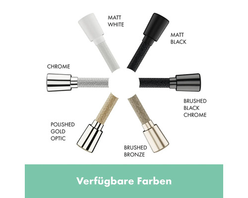 Verfügbare Farben für Duschköpfe: Matt Weiß, Chrom, Polierte Gold Optik, Gebürstetes Bronze, Gebürstetes Schwarz Chrom, Matt Schwarz