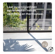 Blick durch ein Fenster auf einen Garten mit Schattenwurf eines Palmenblatts auf den Boden sowie ein Symbol für smarte Klimaregelung. (Image AI modified or generated)