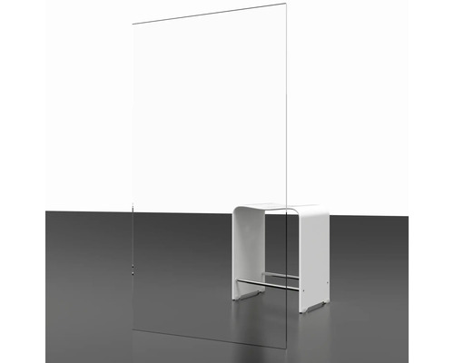 Schutzwand aus Acrylglas mit einem weißen Hocker