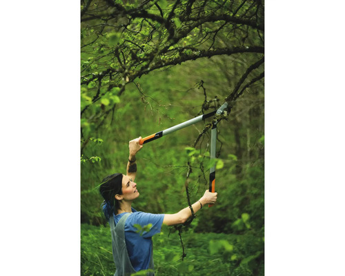 Frau schneidet Äste mit einer Getriebeastschere im Garten