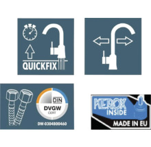 Symbole für Schnellmontage, Schwenkbereich, DIN DVGW Zertifikat und Hergestellt in der EU