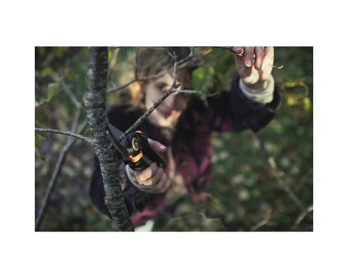 Frau schneidet einen Ast mit einer Gartenschere.