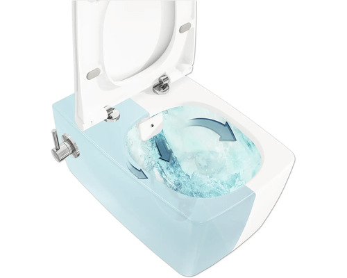 Wand-Tiefspül-WC mit geöffnetem Deckel und schematischer Darstellung des Spülvorgangs.