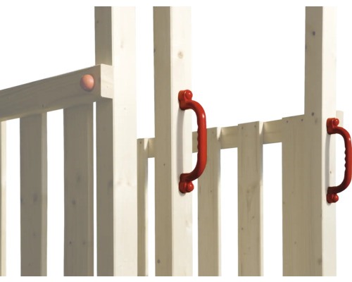 Detailansicht eines Spielturms mit roten Griffen.