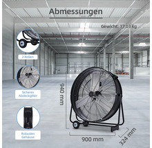 Abbildung eines fahrbaren Ventilators mit den Maßen 940 mm Höhe, 900 mm Breite und 324 mm Tiefe.