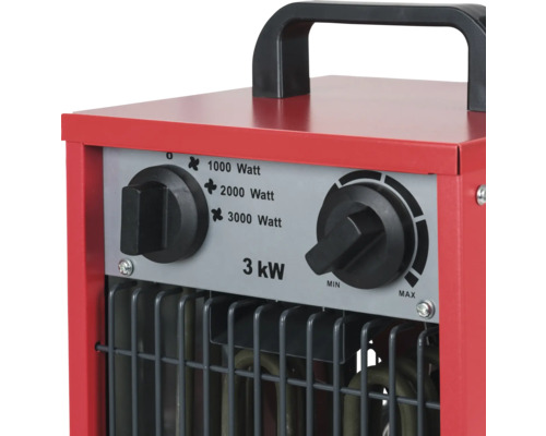 Detailansicht eines Heizlüfters mit Leistungsstufen und Temperaturregler