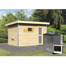 Saunahaus Karibu Topas 1 inkl.9 kW Bio Ofen u.ext.Steuerung mit Holztüre und Milchglas