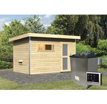 Saunahaus Karibu Topas 1 inkl.9 kW Ofen u.ext.Steuerung mit Holztüre und Milchglas