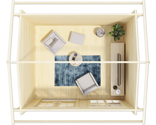 Draufsicht eines Holzgartenhauses mit Möbeln, darunter Sessel, Tisch und Teppich