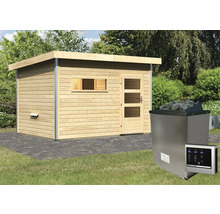 Holzsauna mit Ofen und Steuerung im Außenbereich