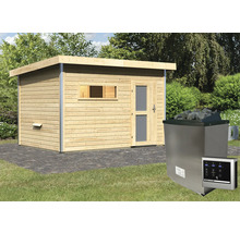 Außenansicht einer Gartensauna mit Holzverkleidung und einem Saunaofen mit Steinen.