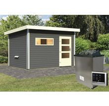 Saunahaus Karibu Topas 2 inkl.9 kW Ofen u.ext.Steuerung mit Holztüre und Klarglas terragrau/weiß
