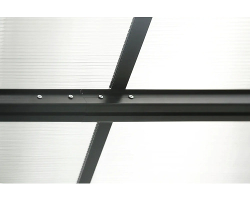 Detailaufnahme eines Gewächshausdachs mit Metallrahmen und Schrauben