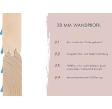 38 Millimeter Wandprofil aus gehobelter nordischer Fichte mit doppelter Nut- und Federverbindung sowie wasserabweisender Profilierung