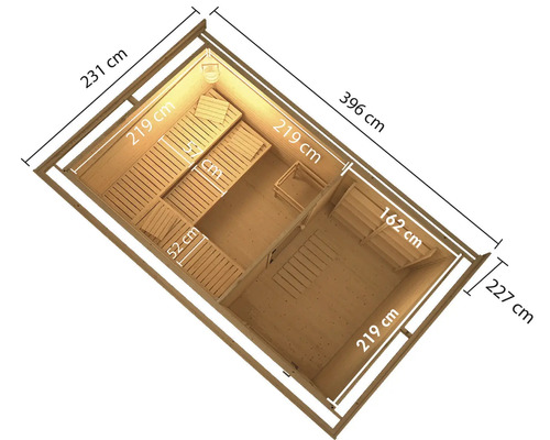 Innenansicht einer Sauna mit Maßangaben
