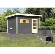 Saunahaus Karibu Skrollano 3 inkl.9 kW Bio Ofen u.ext.Steuerung mit Vorraum und Holztüre mit Isolierglas wärmegedämmt terragrau/weiß