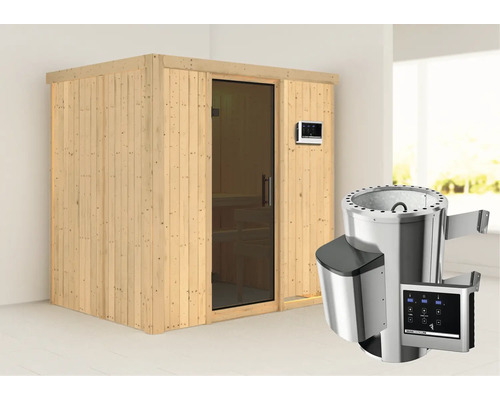 Sauna aus Holz mit Glastür und Saunaofen mit Steuerung