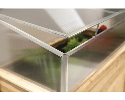 Detailansicht eines Frühbeetkastens mit geöffnetem Deckel