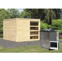 Saunahaus Karibu Zirkon 1 inkl.9 kW Bio Ofen u.ext.Steuerung mit Vorraum und Holztüre mit Klarglas