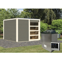 Saunahaus Karibu Zirkon 1 inkl.9 kW Ofen u.ext.Steuerung mit Vorraum und Holztüre mit Klarglas terragrau/weiß