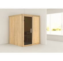 Plug & Play Sauna Karibu Sinja ohne Ofen ohne Dachkranz mit graphitfarbeneer Ganzglastüre
