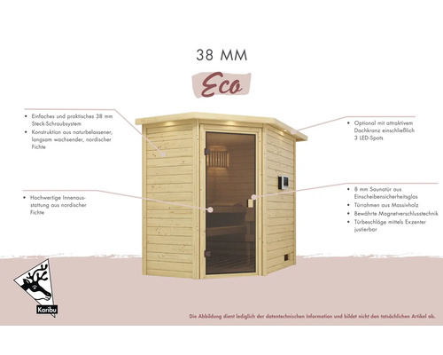 Abbildung einer 38 mm Eco Sauna aus nordischer Fichte mit Glastür und LED-Spots