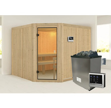 Elementsauna Karibu Ystadt inkl. 9 kW Ofen u.ext.Steuerung ohne Dachkranz mit bronzierter Ganzglastüre