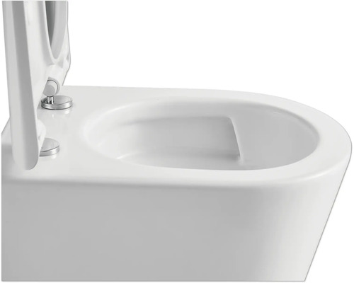 Detailansicht einer wandhängenden Toilette mit geöffnetem Toilettendeckel.