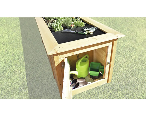 Hochbeet aus Holz mit Staufach für Gartengeräte, Gießkanne und Schuhe