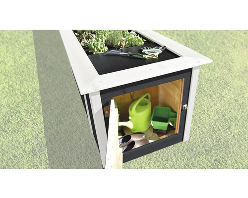 Gartenschrank mit Bepflanzung, Gartengeräten, Gießkanne und Schuhen