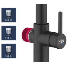 Armatur mit den Optionen Soda, Rein und Kühl sowie dem Keo Logo