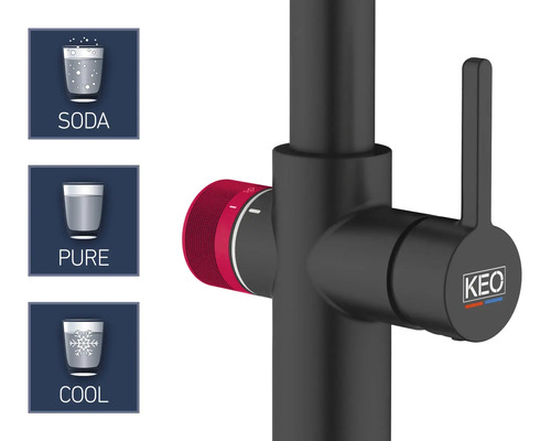 Armatur mit den Optionen Soda, Rein und Kühl sowie dem Keo Logo