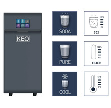 Wasserspender mit Soda-, Rein- und Kühlfunktionen sowie Anzeigen für CO2, Filter und Temperatur