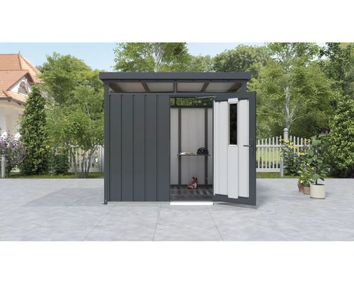 Offener Gerätehaus mit Tür und Regal zur Gartenaufbewahrung
