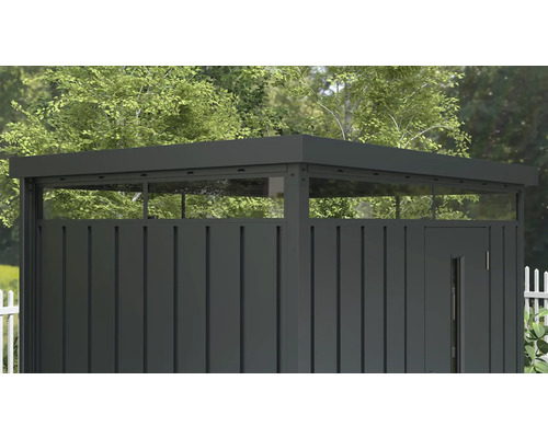 Gartenschrank mit Tür und Glasoberlicht vor Bäumen
