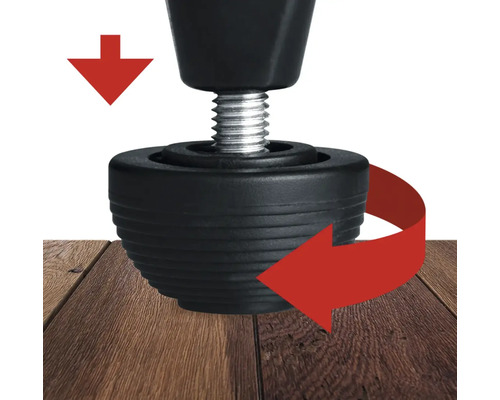 Verstellbarer Möbelfuß mit Nivellierung auf Holzboden.