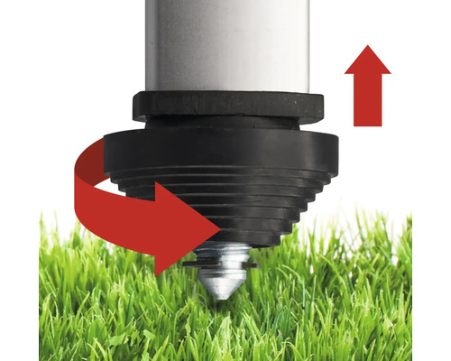 Detailaufnahme eines Erdspießes mit Drehbewegung und Pfeil nach oben
