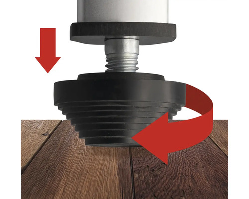 Verstellbarer Möbel Fuß mit Pfeilen zur Anpassung auf Holzfußboden