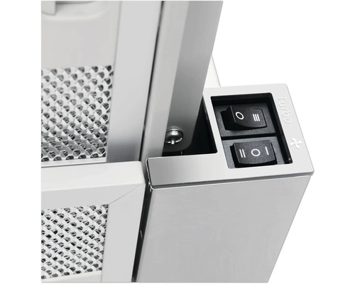 Detailaufnahme einer Dunstabzugshaube mit Schaltern und Metallfilter