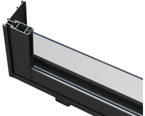 Querschnitt eines schwarzen Aluminiumfensters mit Glas