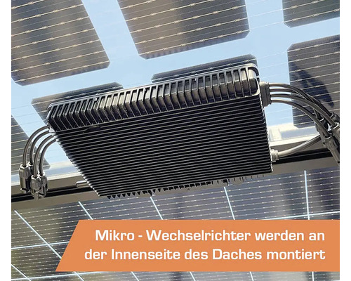 Mikrowechselrichter montiert auf der Dachinnenseite neben Solarmodulen