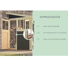 Doppelflügeltür mit lackierter Oberfläche, Buntbartschloss mit zwei Schlüsseln und Fenster aus bruchsicherem Kunststoffglas